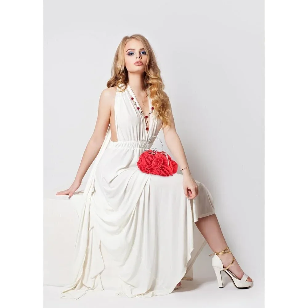 Women Rose Clutch Purse Jewelry Set Satin Evening Handbag Accessories Gift
